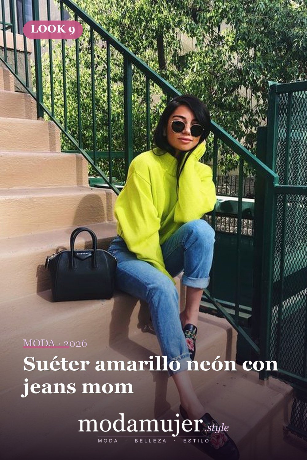 Suéter amarillo neón con jeans mom — 14 trajes y looks de neón de moda para la primavera de 2026