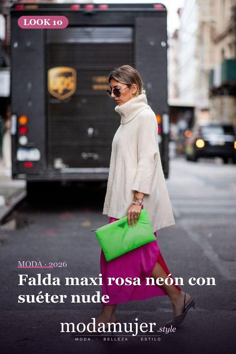 Falda maxi rosa neón con suéter nude — 14 trajes y looks de neón de moda para la primavera de 2026