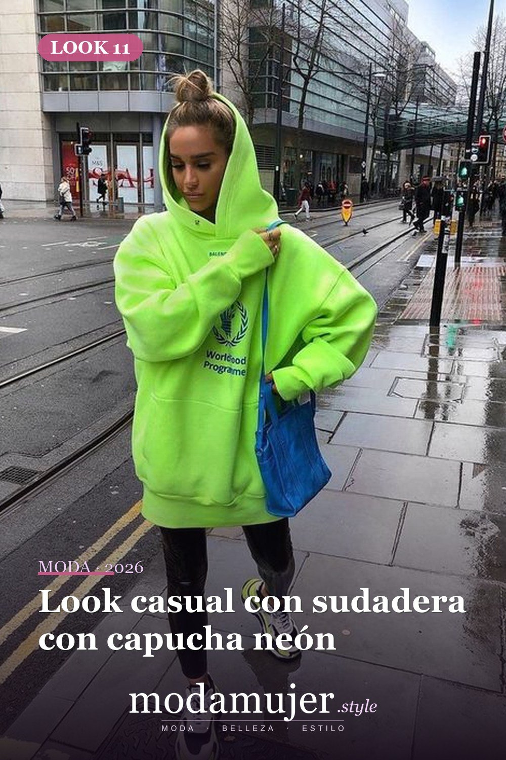Look casual con sudadera con capucha neón — 14 trajes y looks de neón de moda para la primavera de 2026