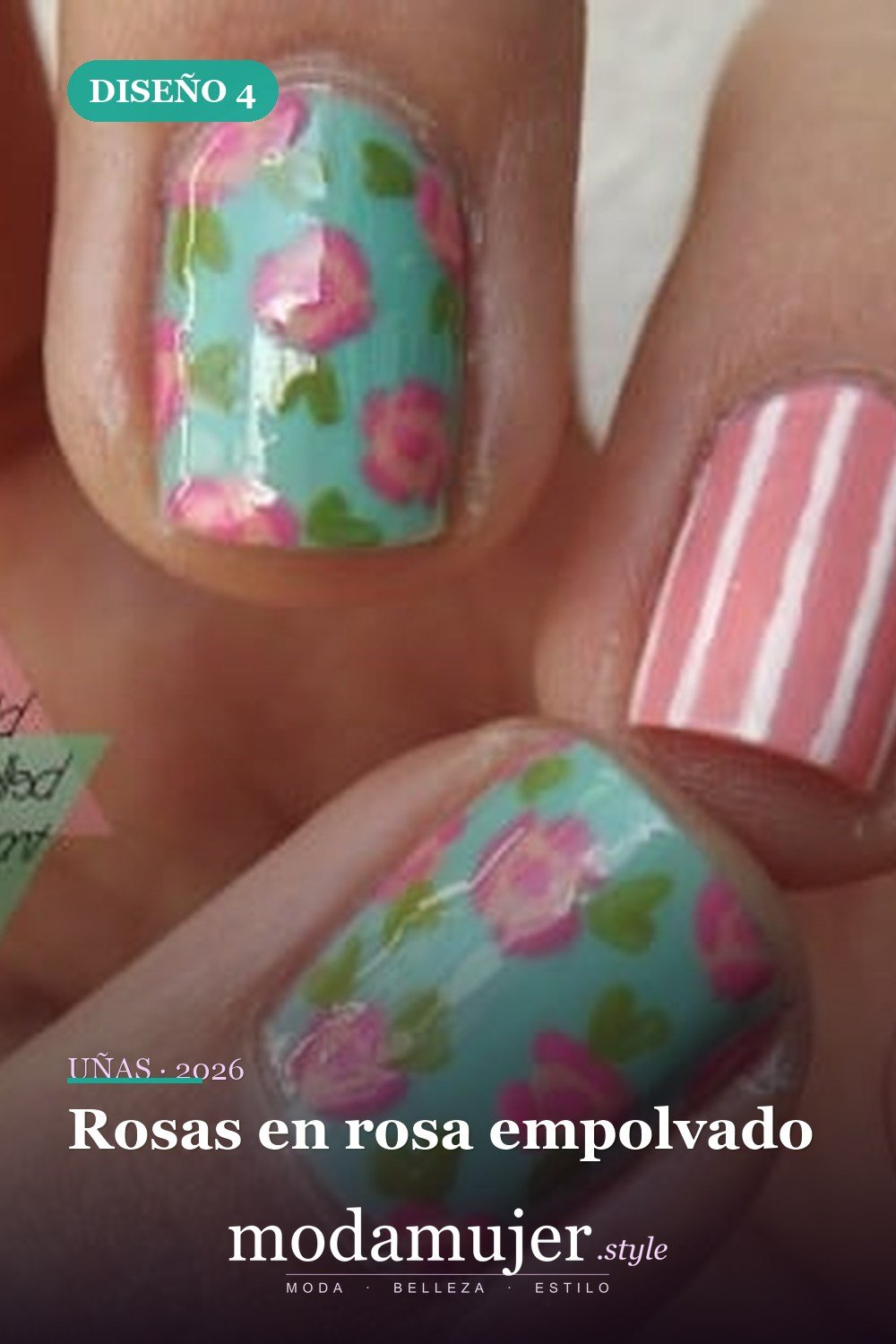 Rosas en rosa empolvado — 15 coloridos diseños de uñas de flores para el verano