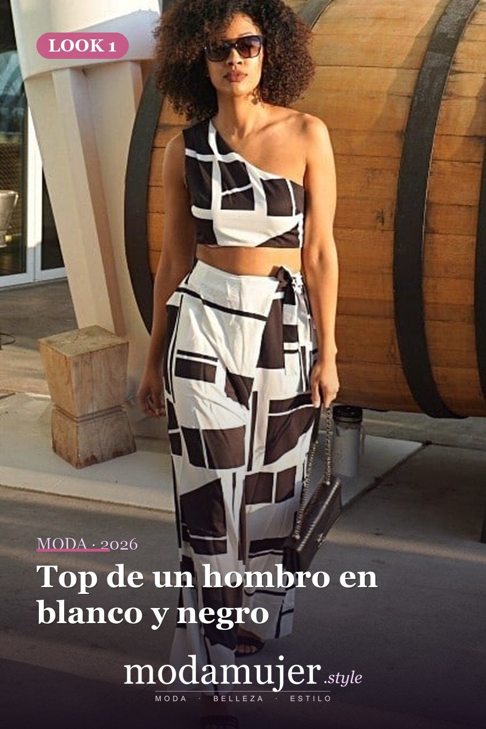 Top de un hombro en blanco y negro — 15 conjuntos con pantalones de bloques de colores