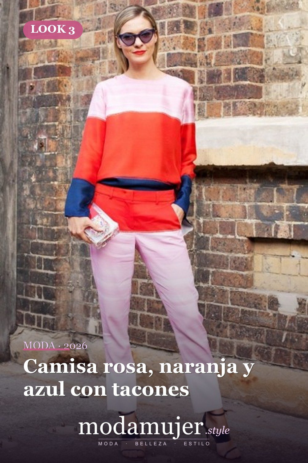 Camisa rosa, naranja y azul con tacones — 15 conjuntos con pantalones de bloques de colores