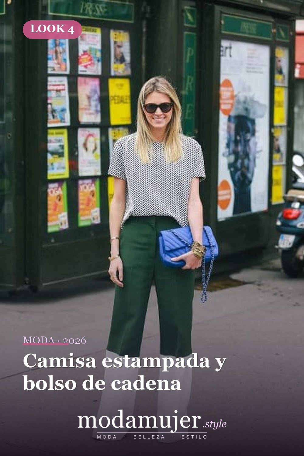 Camisa estampada y bolso de cadena — 15 conjuntos con pantalones de bloques de colores
