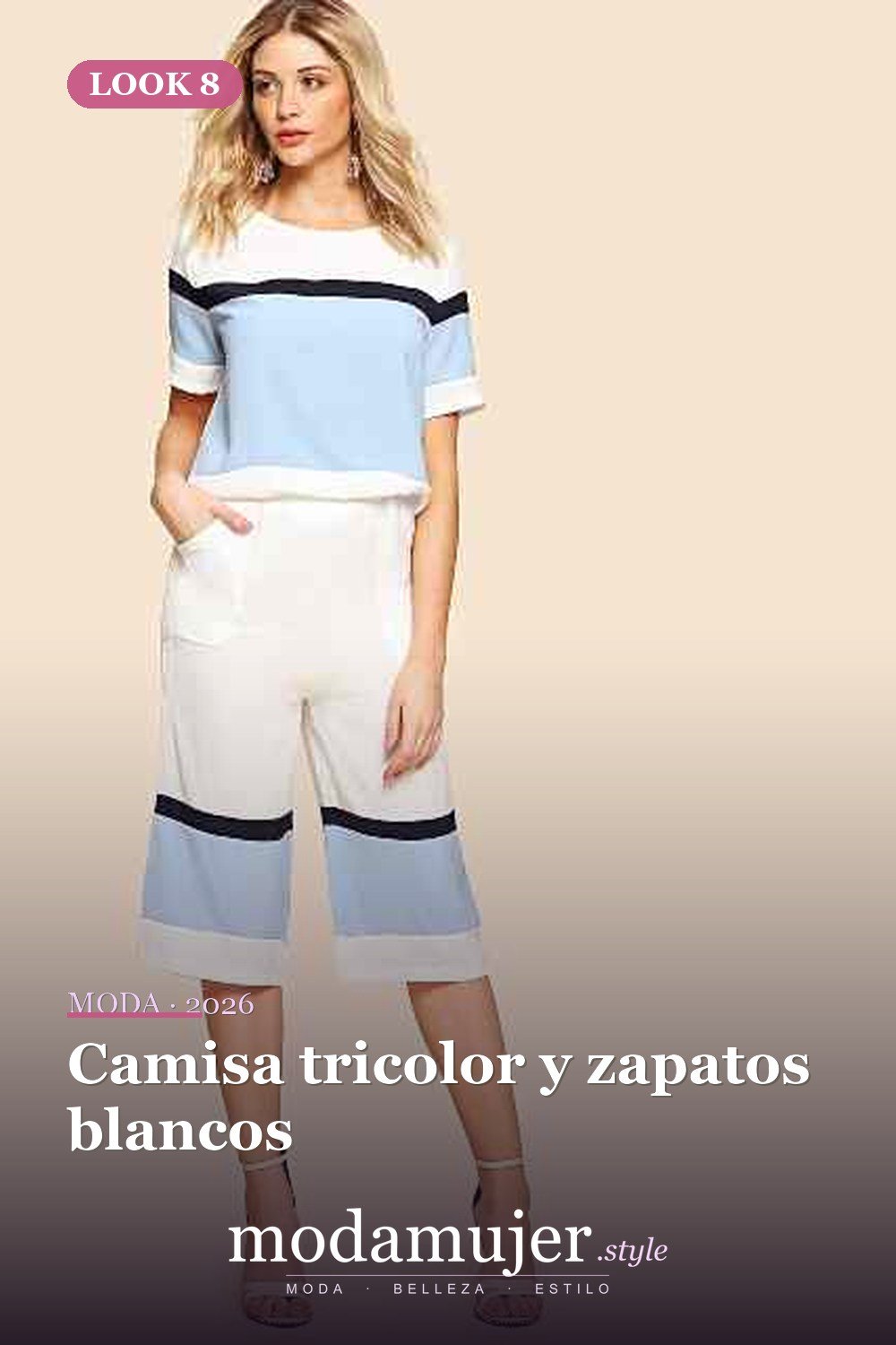 Camisa tricolor y zapatos blancos — 15 conjuntos con pantalones de bloques de colores
