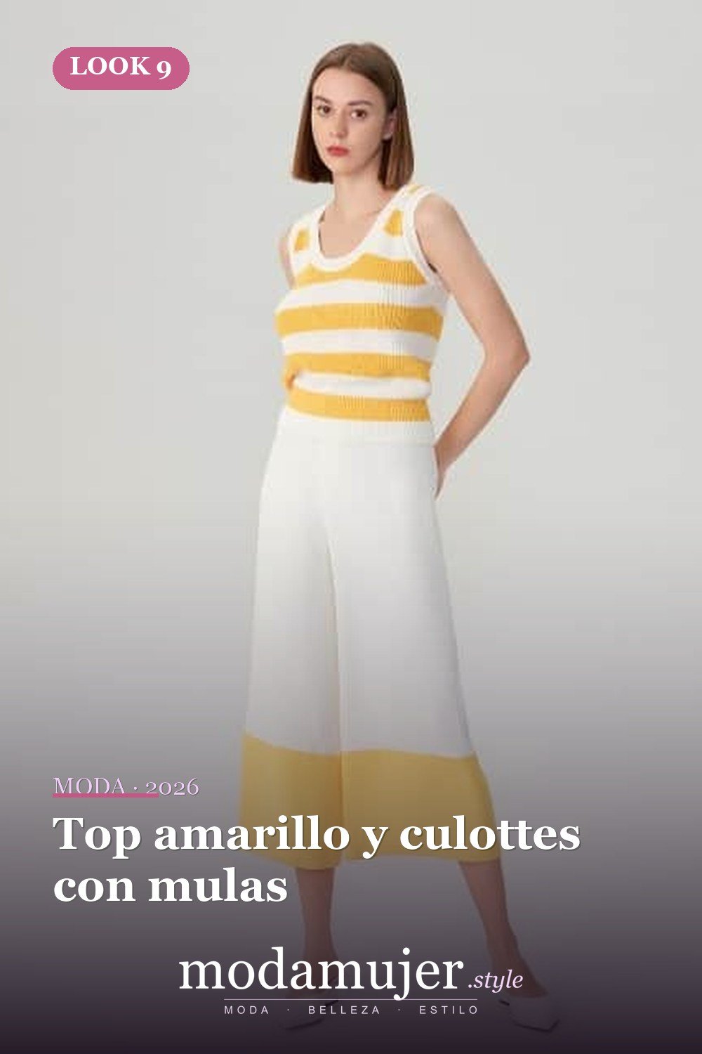 Top amarillo y culottes con mulas — 15 conjuntos con pantalones de bloques de colores