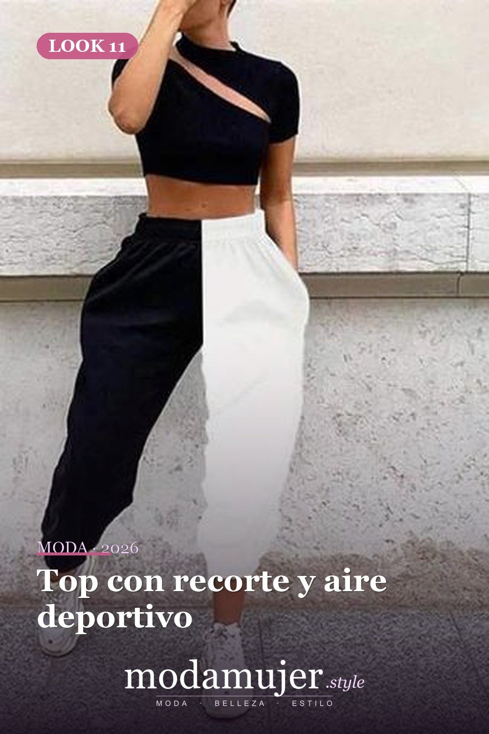 Top con recorte y aire deportivo — 15 conjuntos con pantalones de bloques de colores