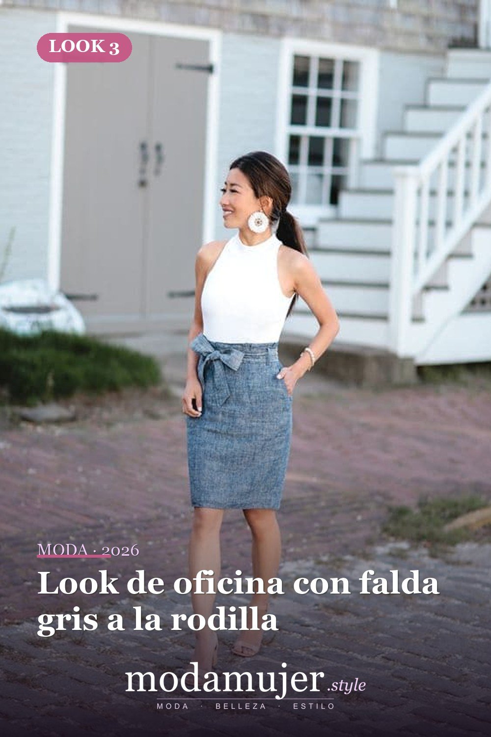 Look de oficina con falda gris a la rodilla — 15 conjuntos de moda de verano con blusas sin mangas