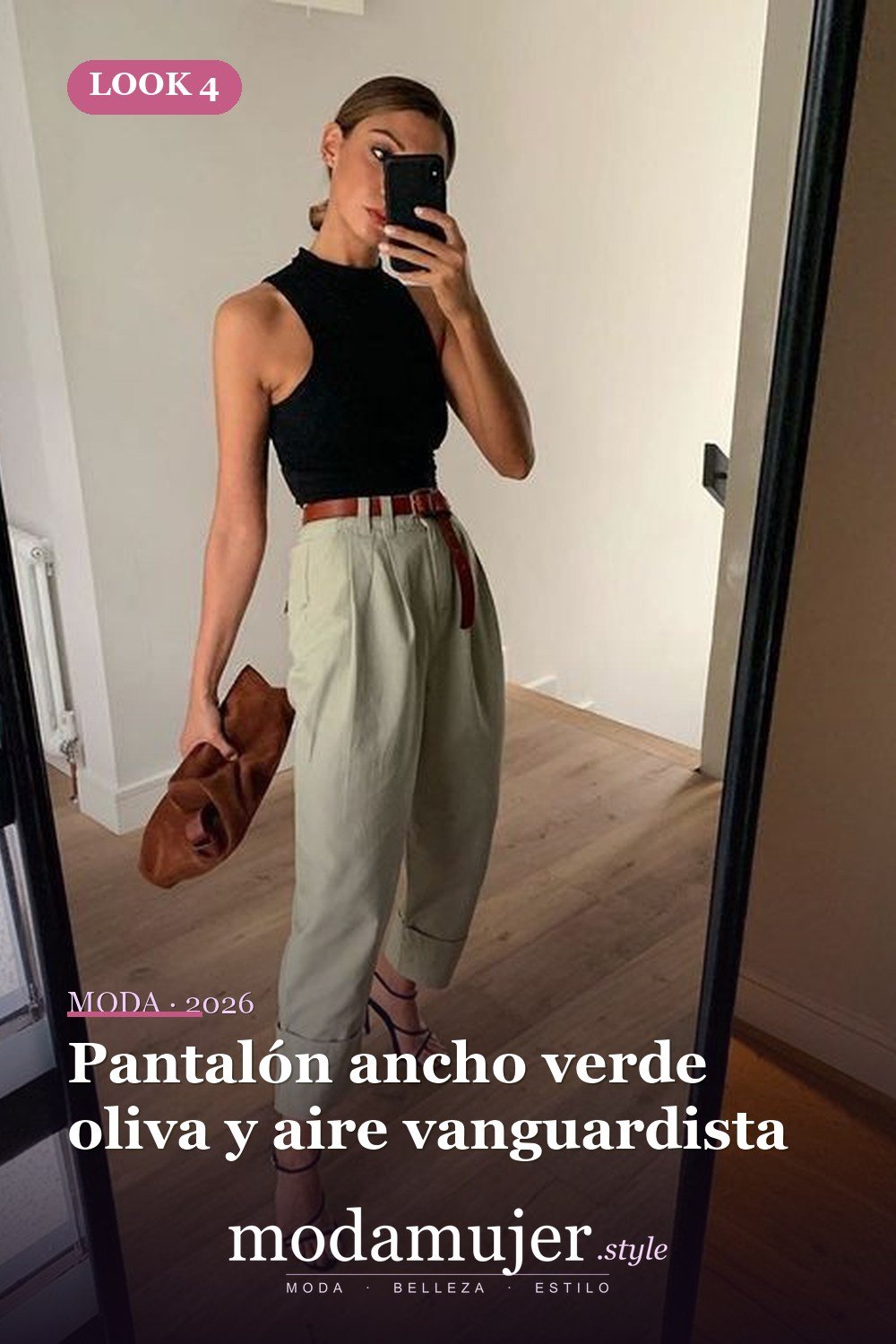 Pantalón ancho verde oliva y aire vanguardista — 15 conjuntos de moda de verano con blusas sin mangas