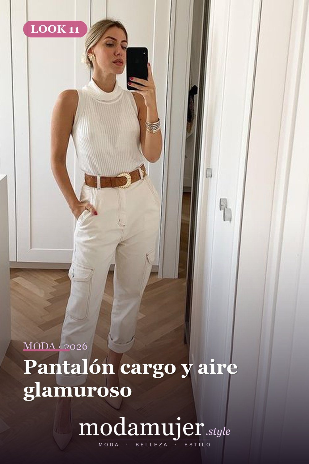 Pantalón cargo y aire glamuroso — 15 conjuntos de moda de verano con blusas sin mangas