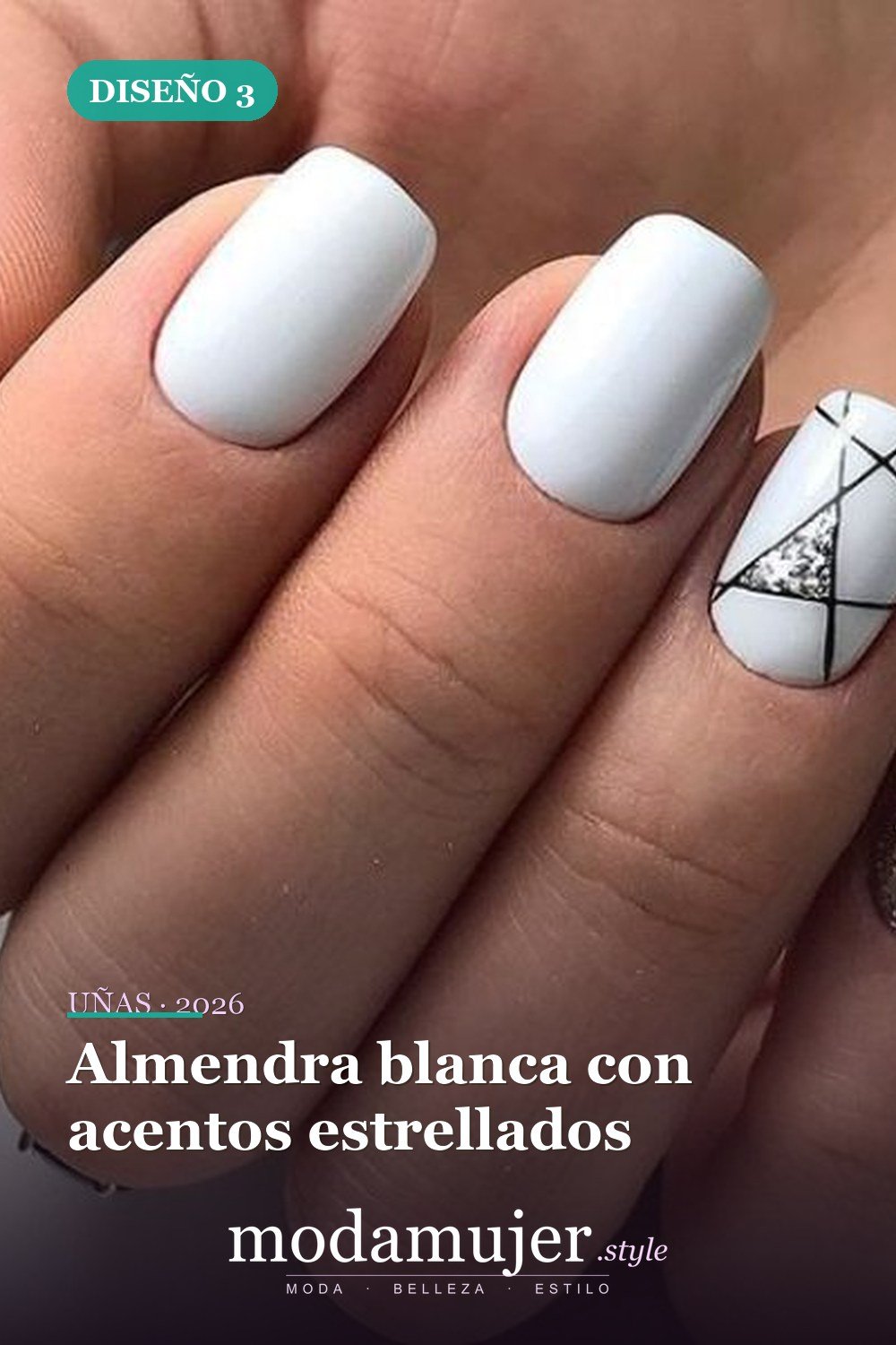 Almendra blanca con acentos estrellados — 15 diseños de uñas blancas brillantes y elegantes
