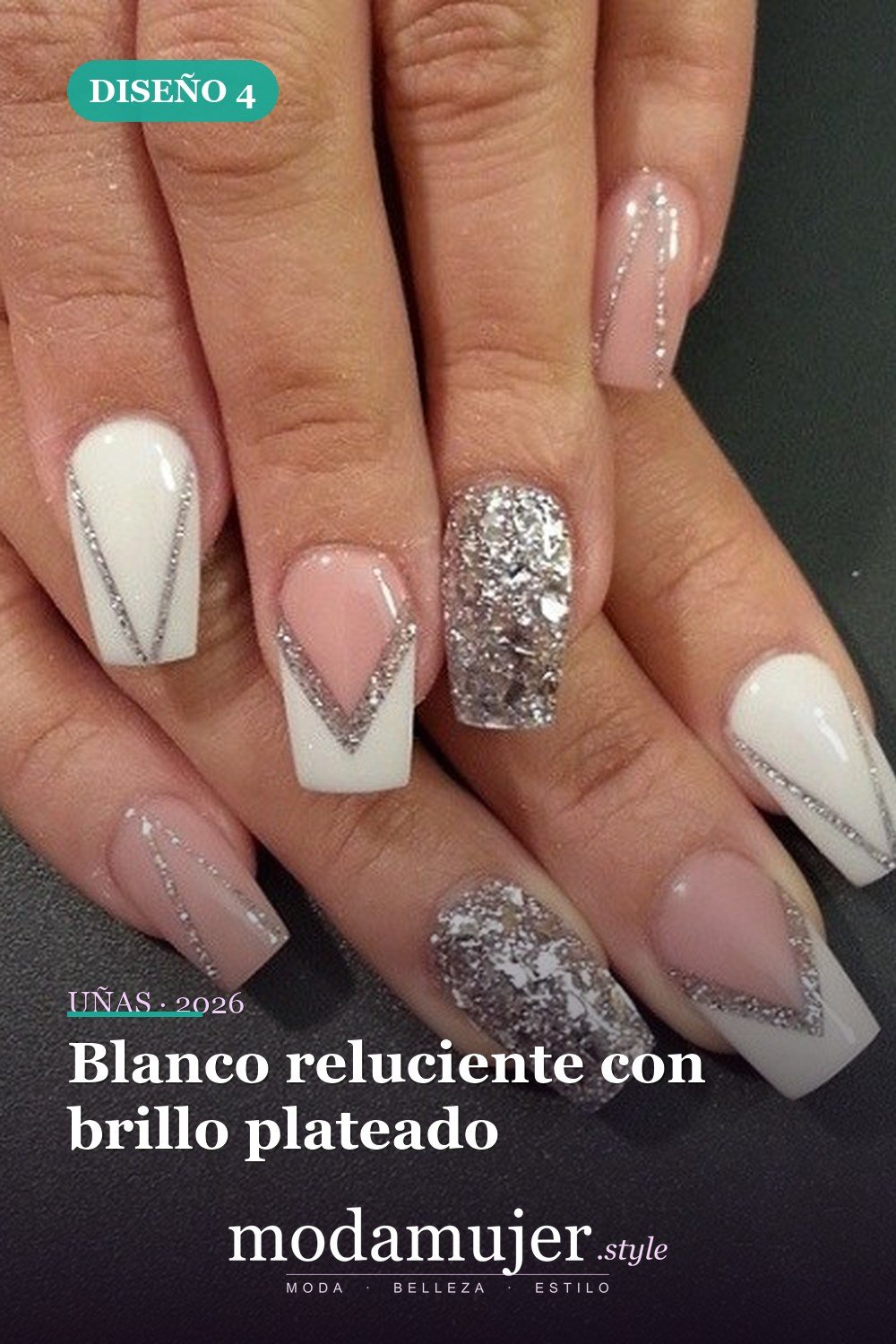 Blanco reluciente con brillo plateado — 15 diseños de uñas blancas brillantes y elegantes