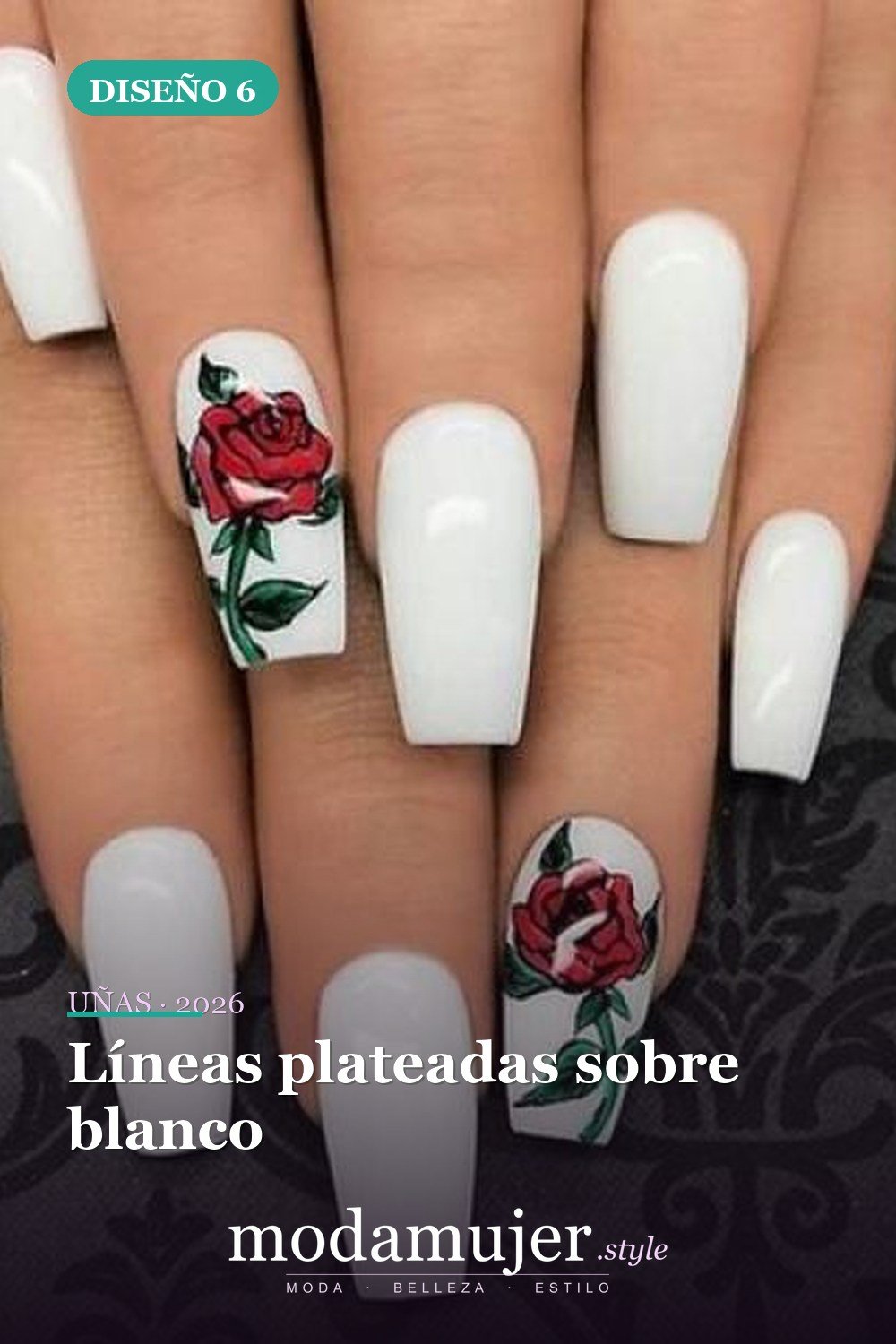 Líneas plateadas sobre blanco — 15 diseños de uñas blancas brillantes y elegantes