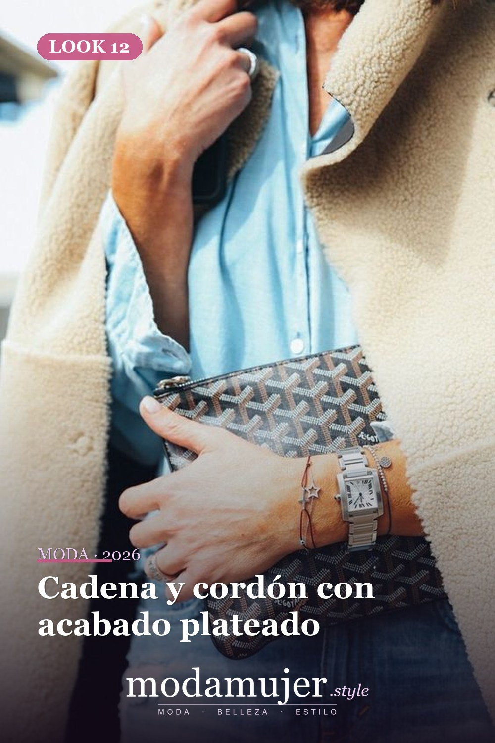 Cadena y cordón con acabado plateado — 15 formas de colocar pulseras en capas con un reloj