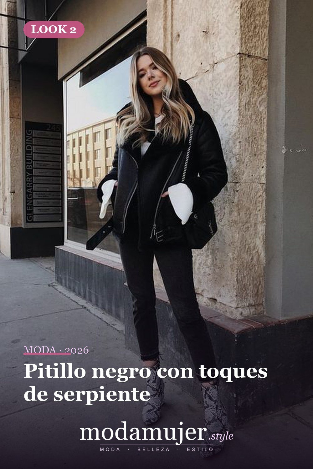 Pitillo negro con toques de serpiente — 15 ideas vanguardistas de jeans para llevar en 2026
