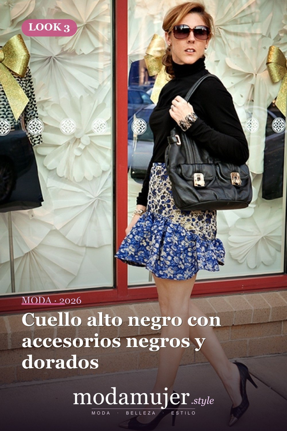 Cuello alto negro con accesorios negros y dorados — 16 trajes de otoño con faldas de trompeta para 2026