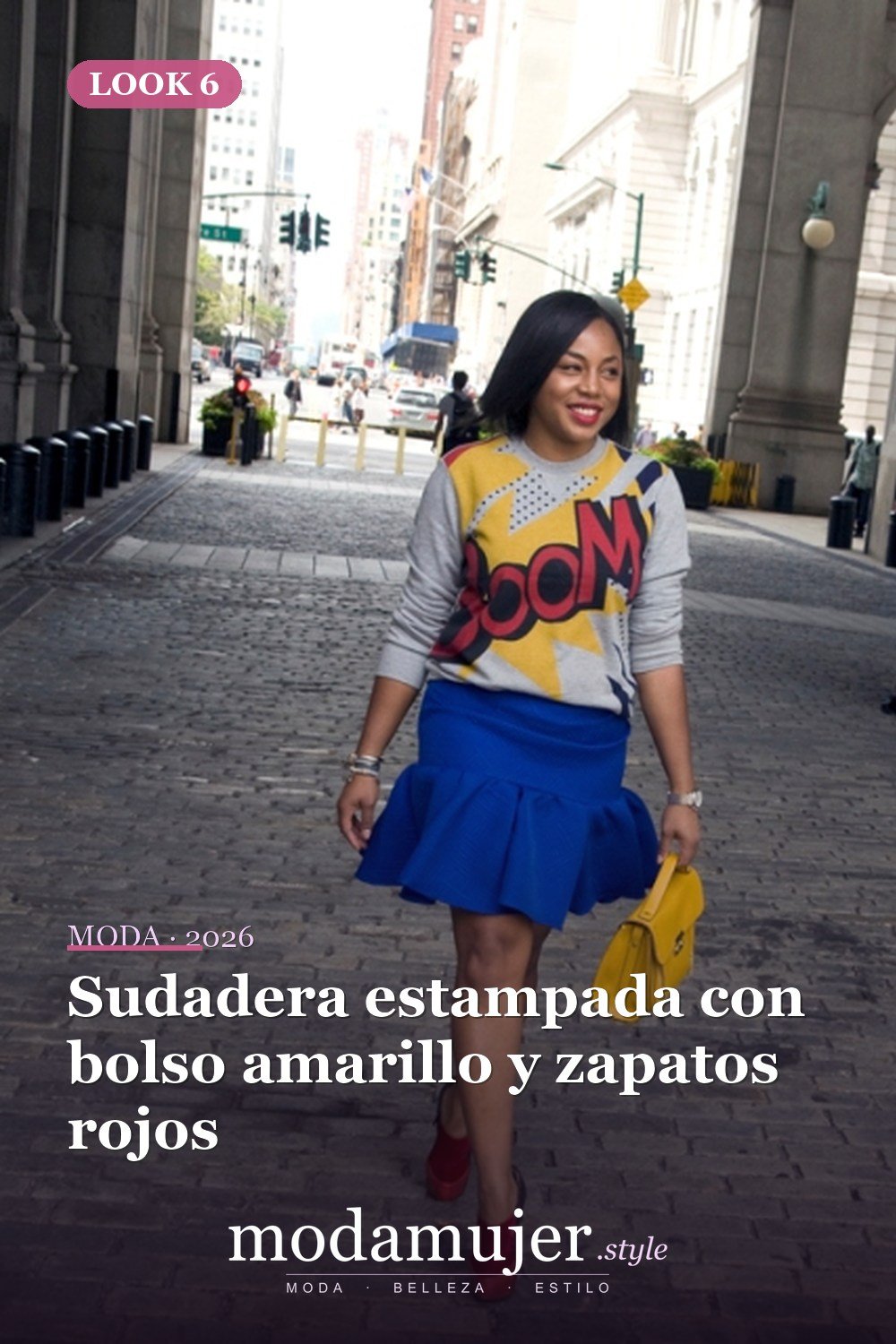 Sudadera estampada con bolso amarillo y zapatos rojos — 16 trajes de otoño con faldas de trompeta para 2026