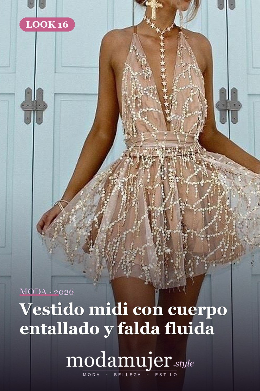 Vestido midi con cuerpo entallado y falda fluida — 16 vestidos de lentejuelas brillantes para comprar en 2026