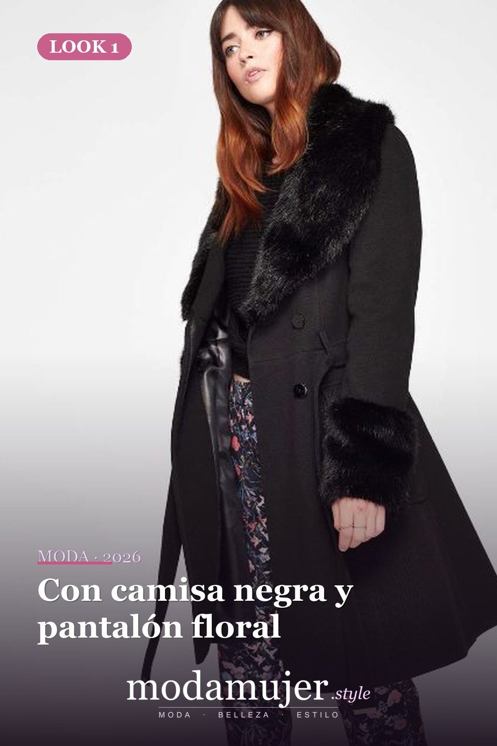 Con camisa negra y pantalón floral — 17 ideas de atuendo con abrigos con puños de piel para 2026