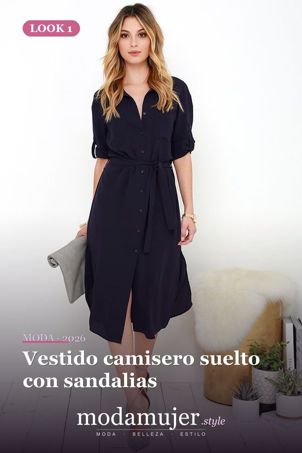 Vestido camisero suelto con sandalias — 18 formas simples de usar un vestido camisero