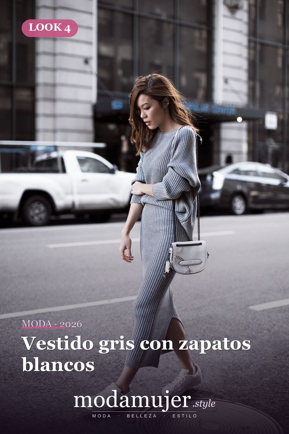 Vestido gris con zapatos blancos — 18 ideas de outfits con vestidos de punto para 2026