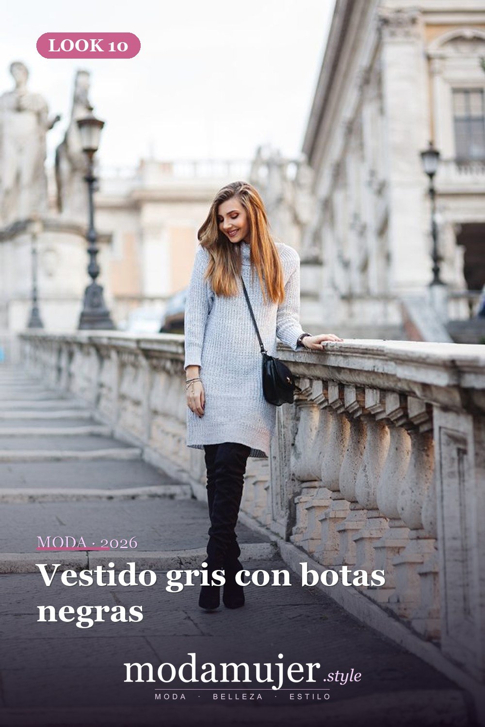 Vestido gris con botas negras — 18 ideas de outfits con vestidos de punto para 2026