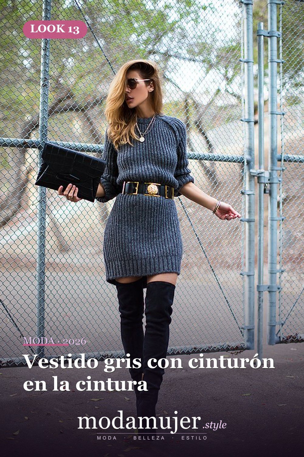 Vestido gris con cinturón en la cintura — 18 ideas de outfits con vestidos de punto para 2026