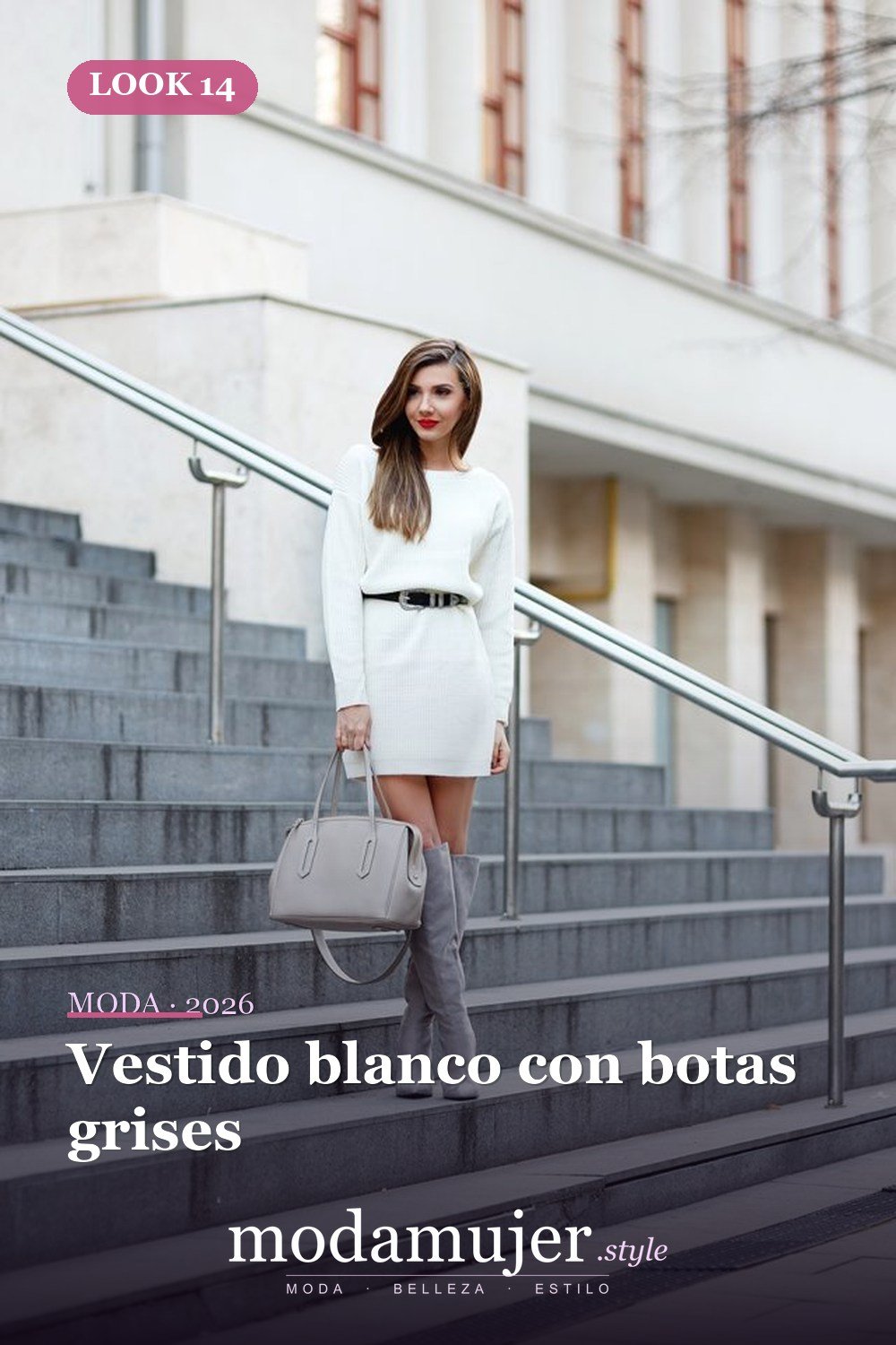 Vestido blanco con botas grises — 18 ideas de outfits con vestidos de punto para 2026