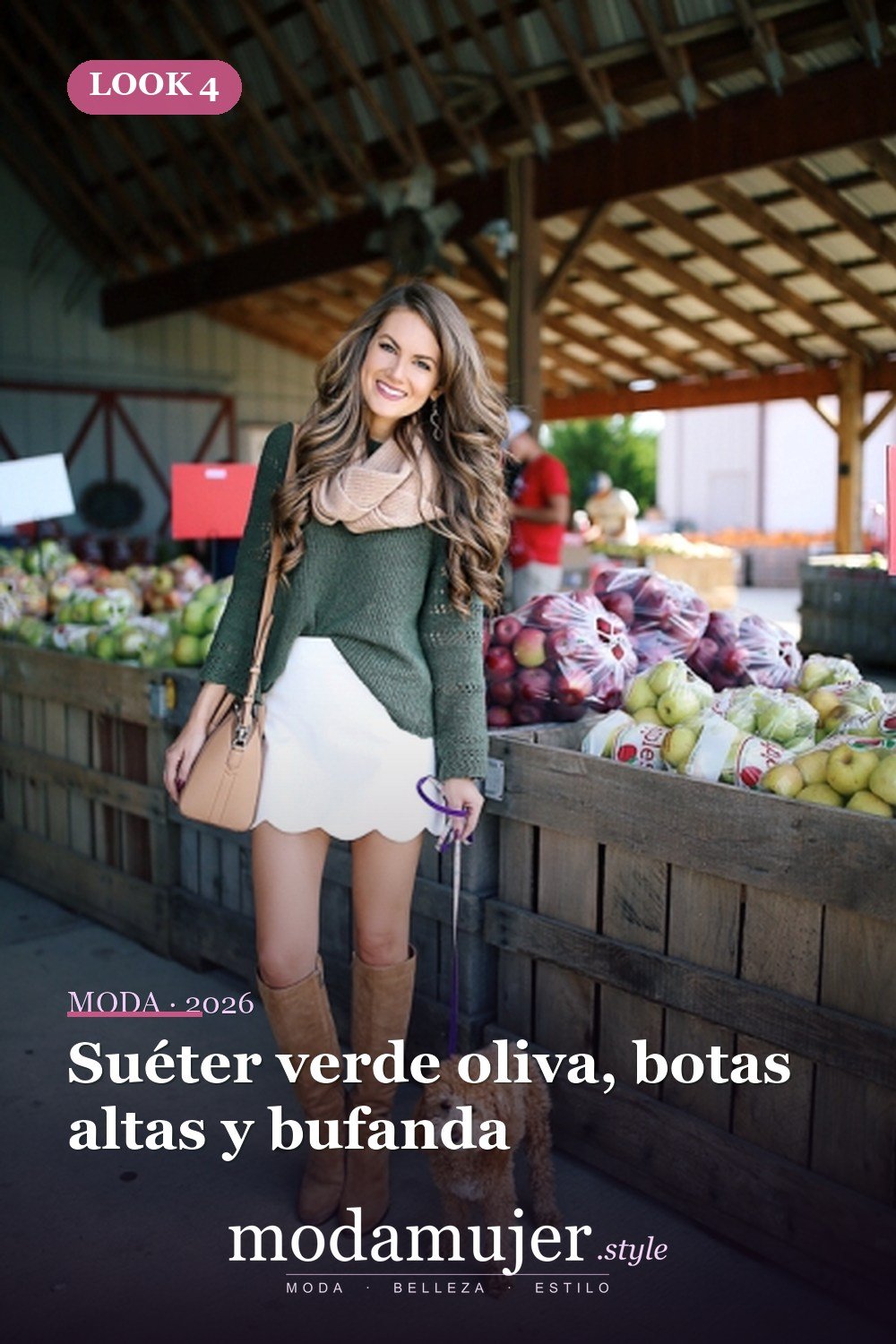 Suéter verde oliva, botas altas y bufanda — 18 outfits con faldas festoneadas para este otoño