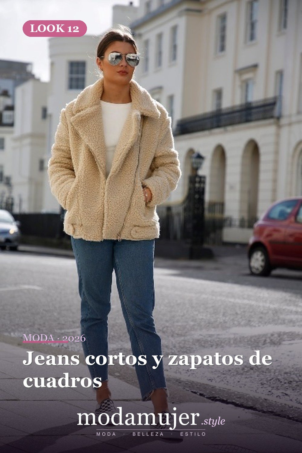 Jeans cortos y zapatos de cuadros — 18 trajes cómodos con chaquetas de osito de peluche