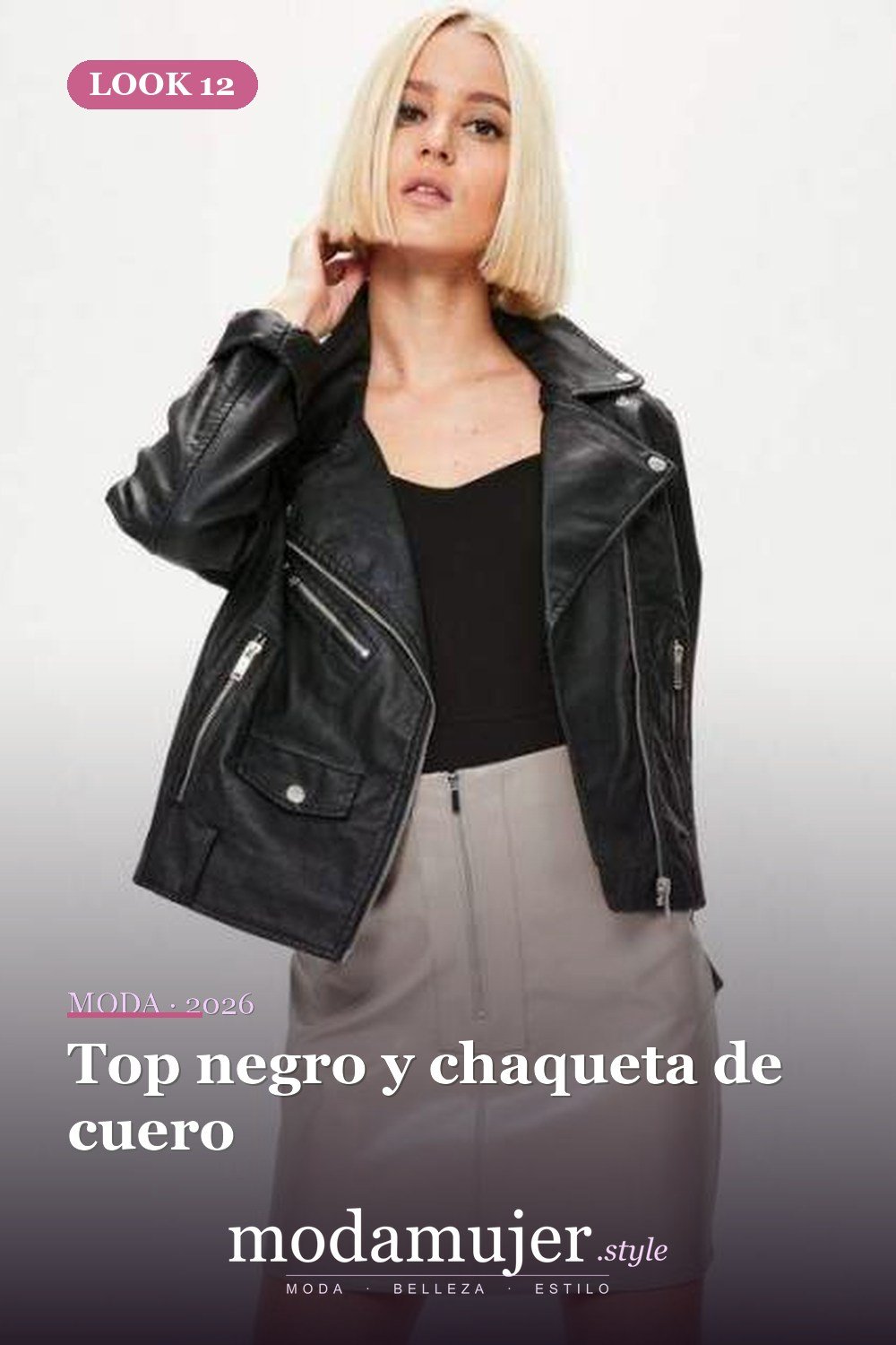 Top negro y chaqueta de cuero — 18 trajes con falda de cuero con cremallera para esta temporada