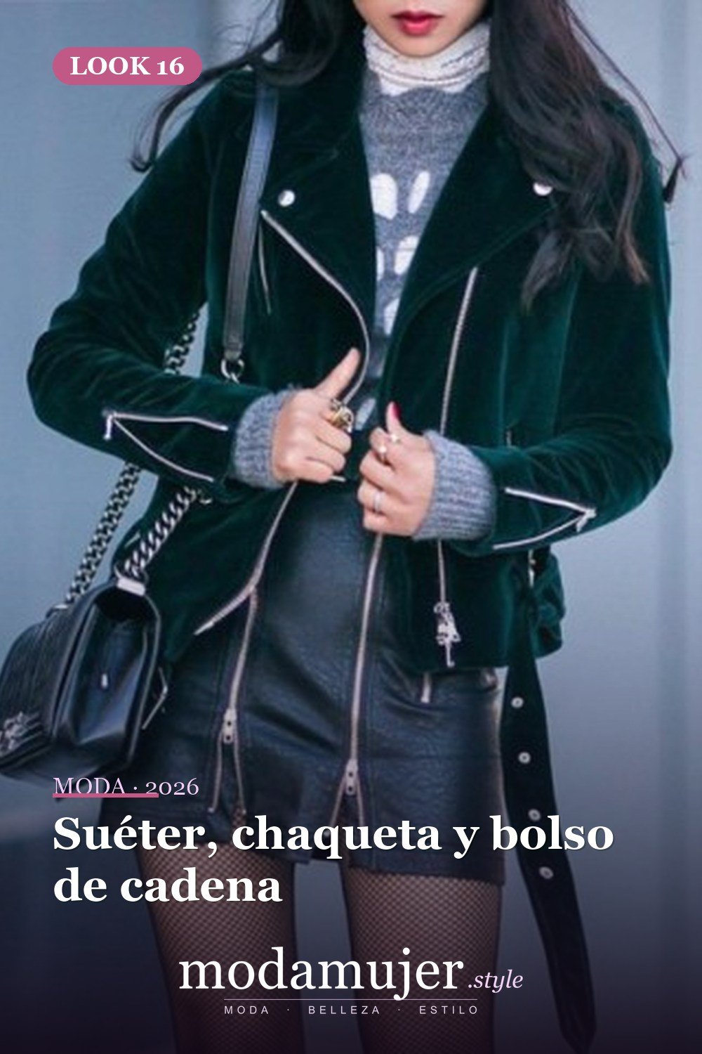 Suéter, chaqueta y bolso de cadena — 18 trajes con falda de cuero con cremallera para esta temporada