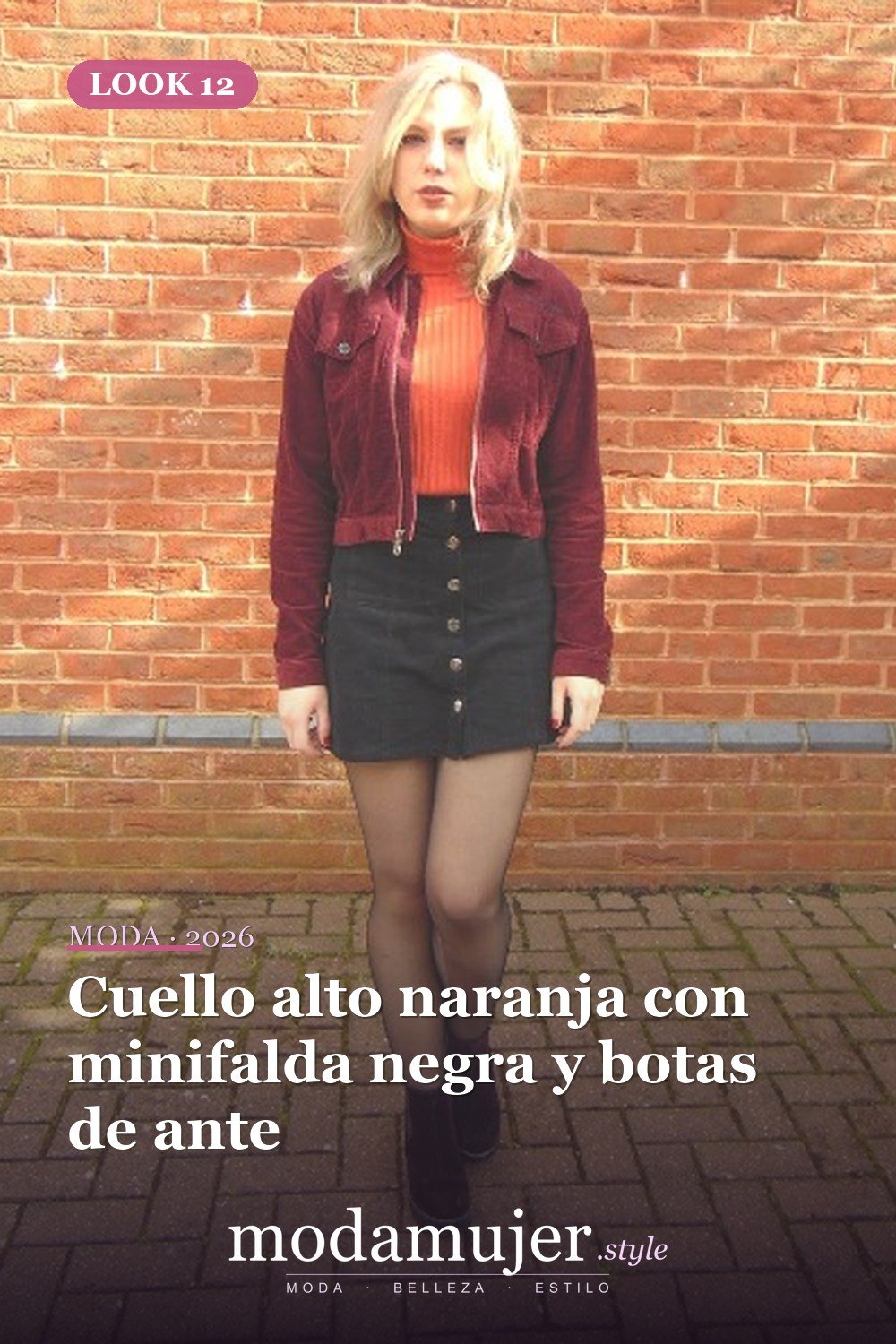 Cuello alto naranja con minifalda negra y botas de ante — 18 trajes de chaqueta de pana para damas elegantes