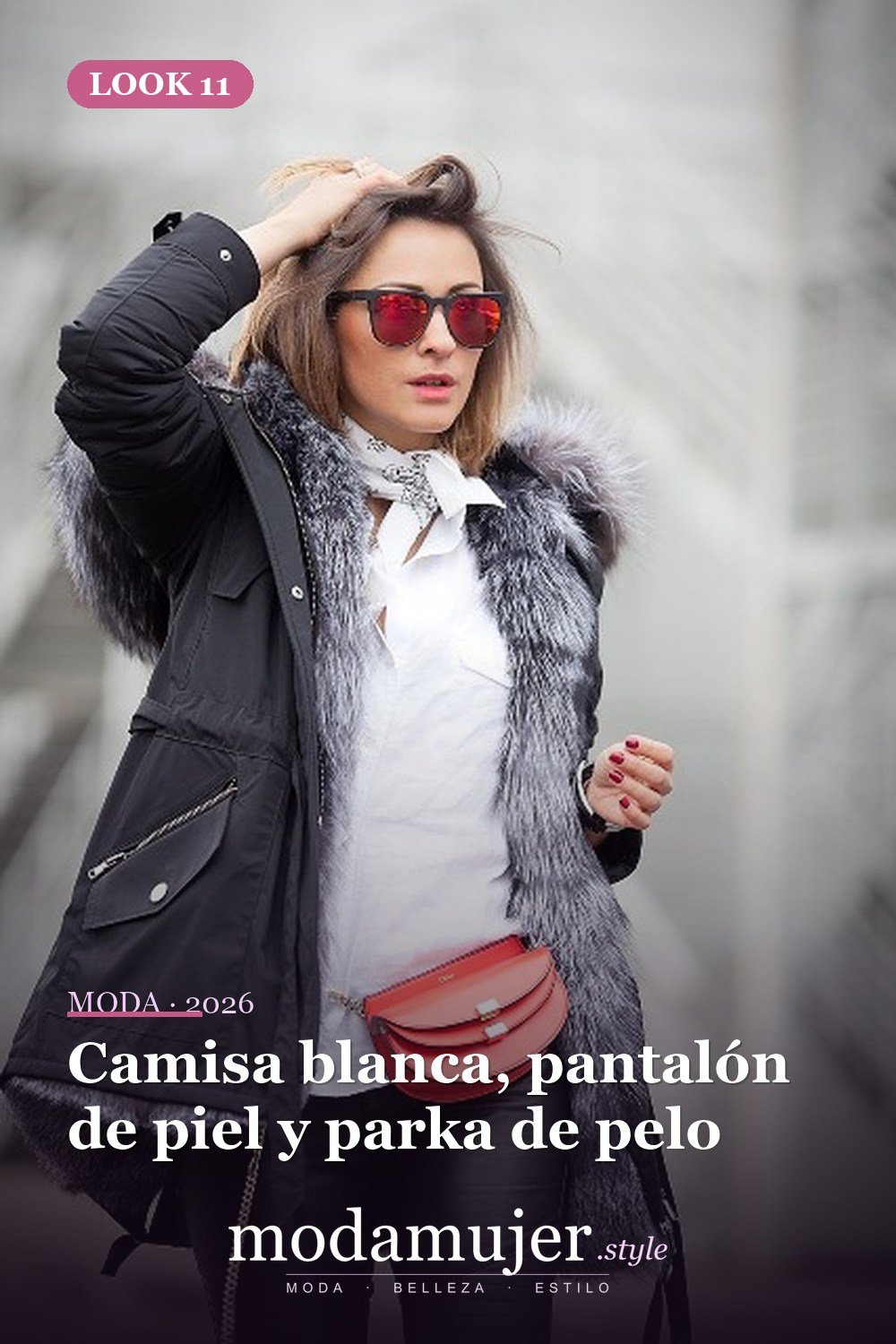 Camisa blanca, pantalón de piel y parka de pelo — 18 trajes de otoño con riñoneras para damas en 2026