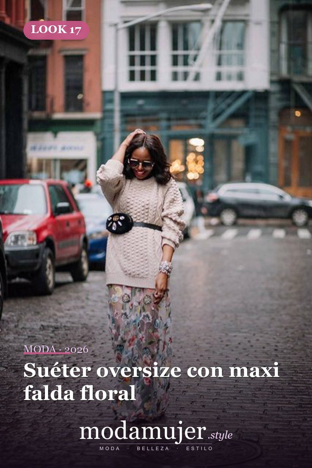 Suéter oversize con maxi falda floral — 18 trajes de otoño con riñoneras para damas en 2026
