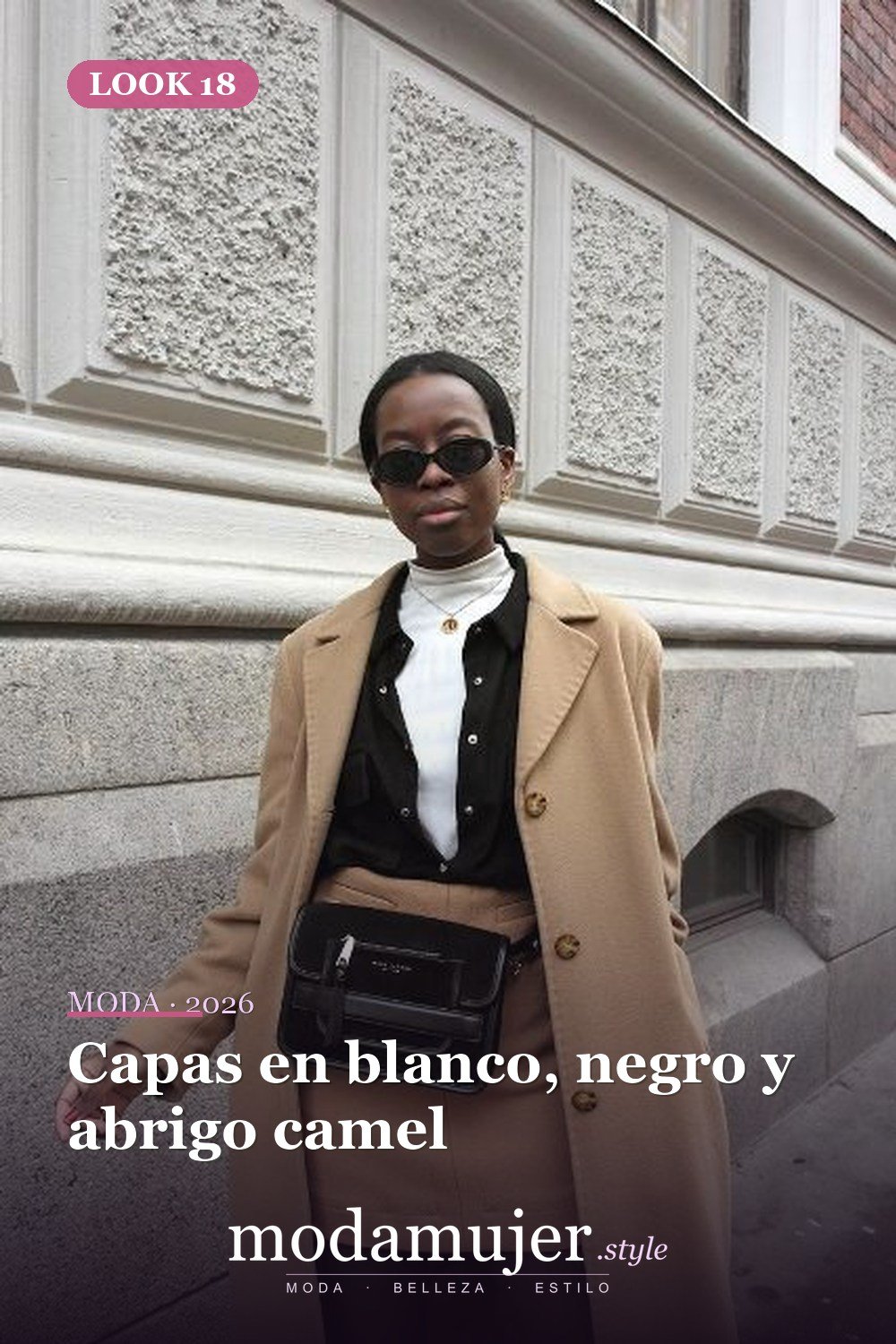 Capas en blanco, negro y abrigo camel — 18 trajes de otoño con riñoneras para damas en 2026