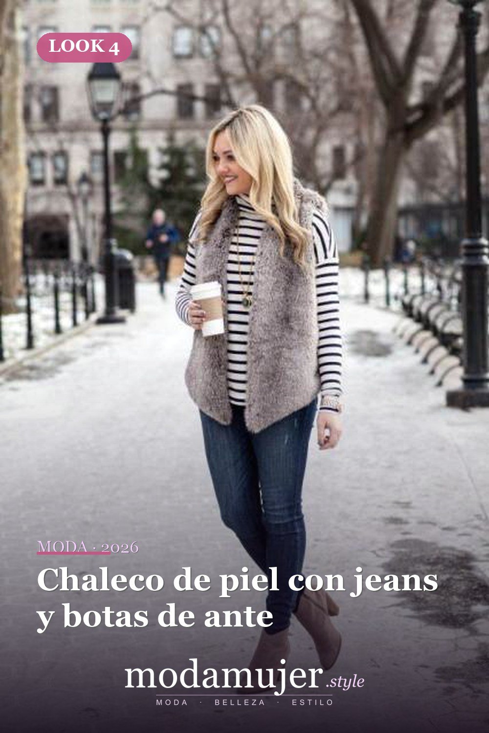 Chaleco de piel con jeans y botas de ante — 18 trajes elegantes con cuellos de tortuga a rayas