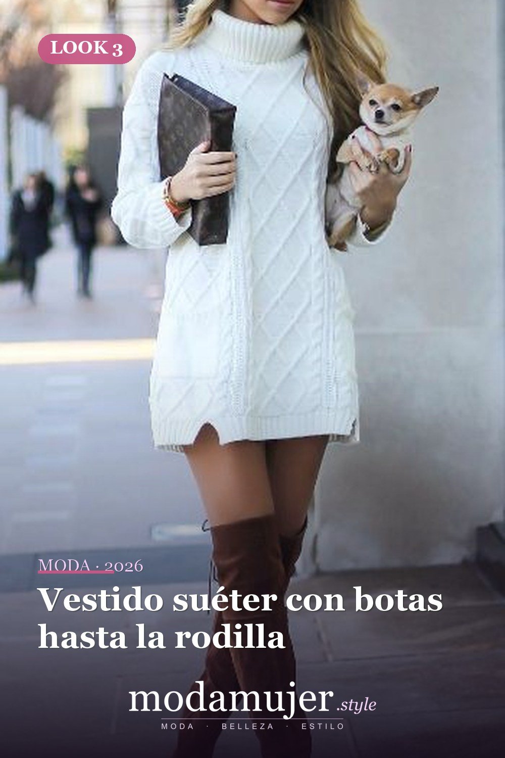 Vestido suéter con botas hasta la rodilla — 19 ideas de atuendos con suéter de moda para mujeres