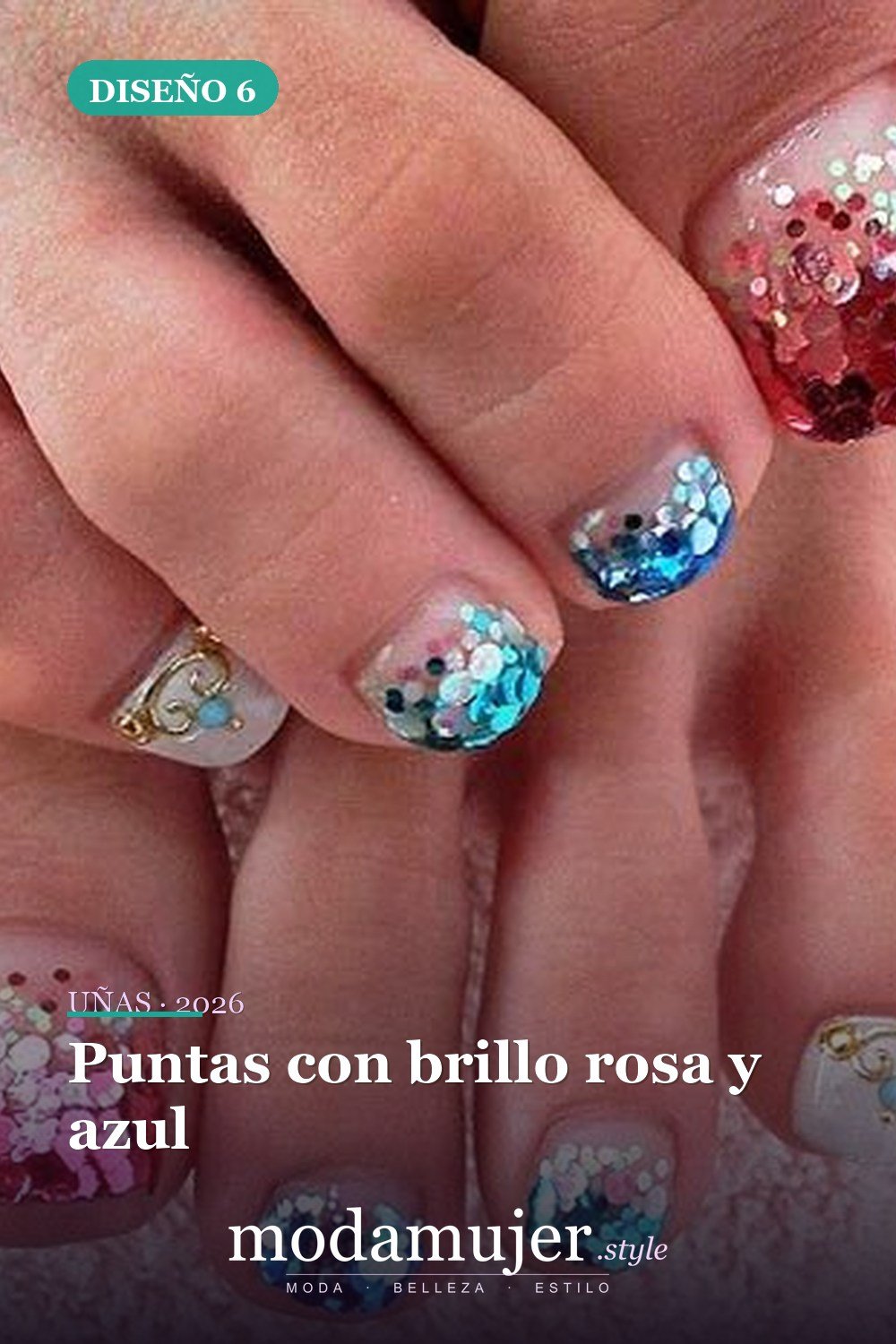 Puntas con brillo rosa y azul — 20 adorables diseños de uñas para los pies fáciles 2026