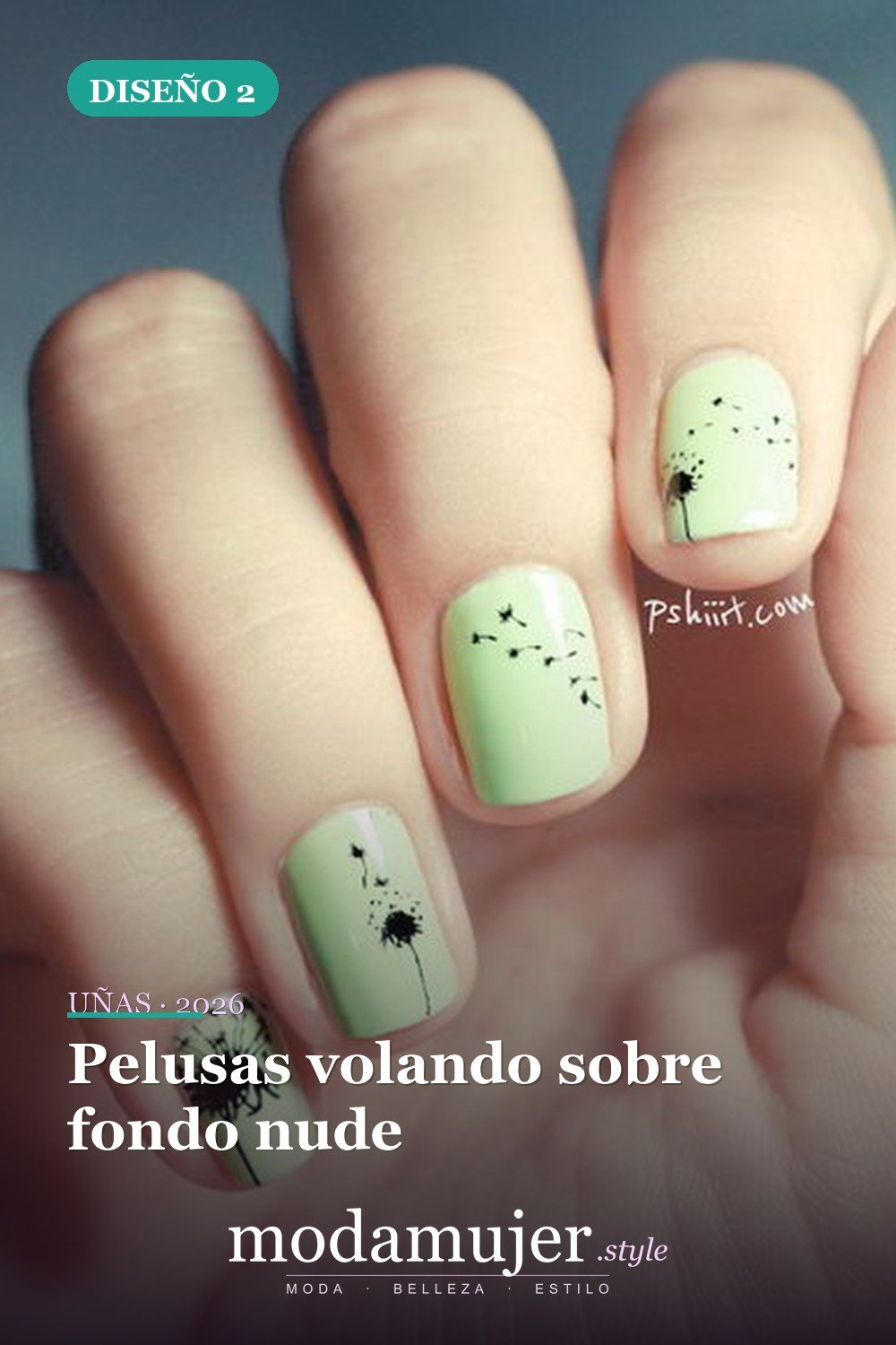 Pelusas volando sobre fondo nude — 20 diseños simples de uñas de diente de león