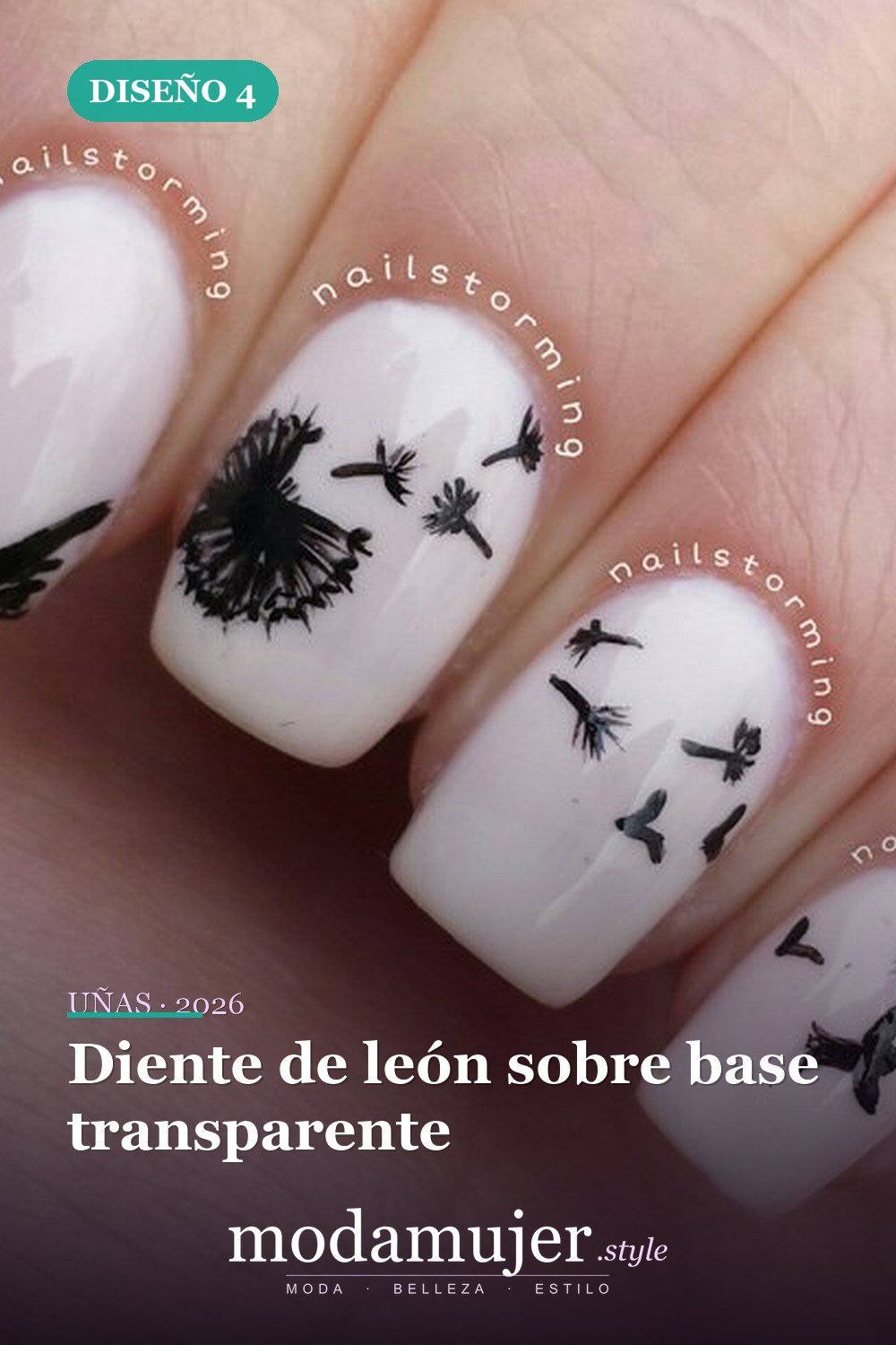 Diente de león sobre base transparente — 20 diseños simples de uñas de diente de león