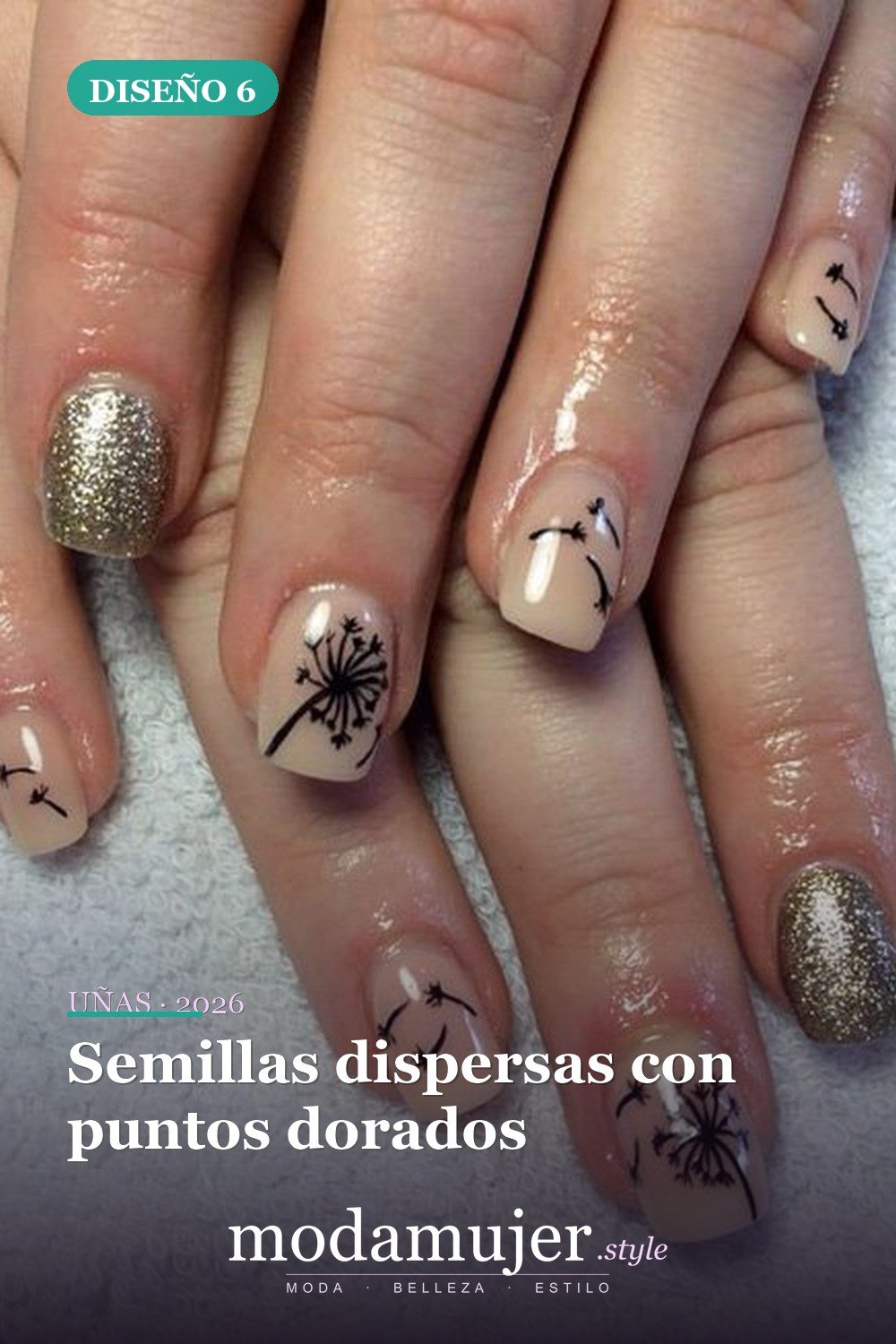 Semillas dispersas con puntos dorados — 20 diseños simples de uñas de diente de león