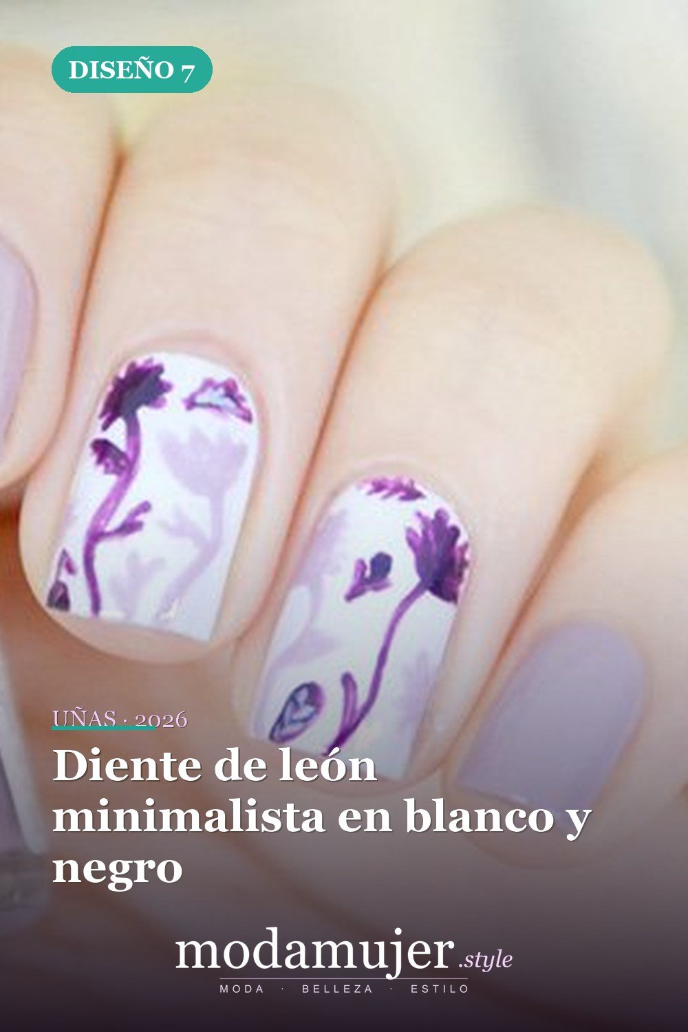 Diente de león minimalista en blanco y negro — 20 diseños simples de uñas de diente de león