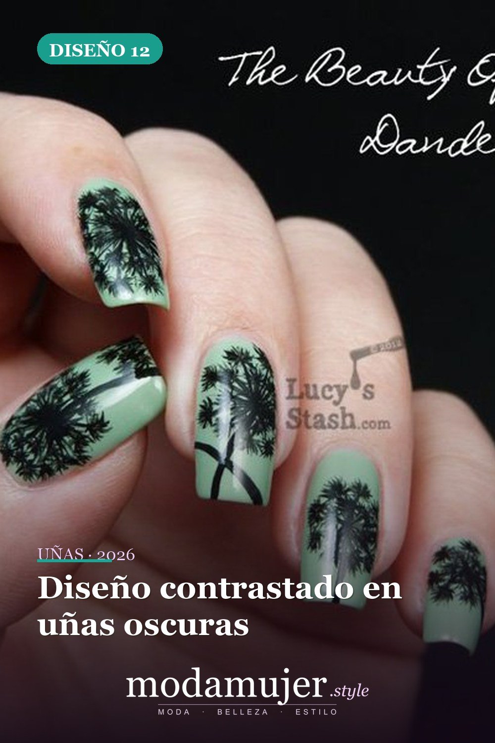 Diseño contrastado en uñas oscuras — 20 diseños simples de uñas de diente de león
