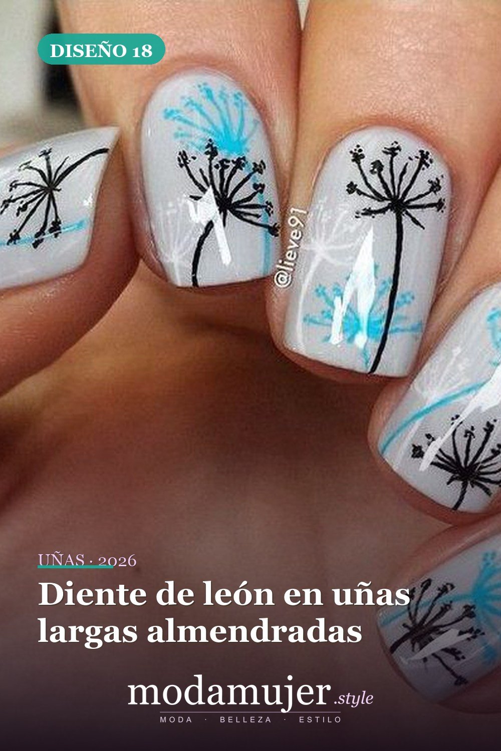 Diente de león en uñas largas almendradas — 20 diseños simples de uñas de diente de león