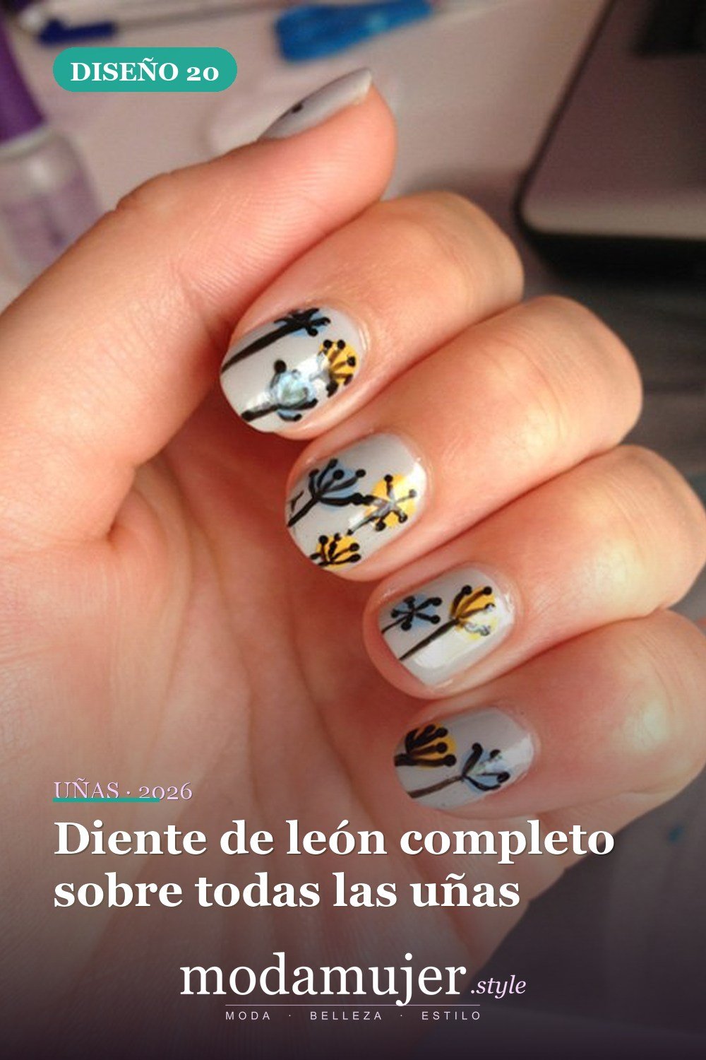 Diente de león completo sobre todas las uñas — 20 diseños simples de uñas de diente de león