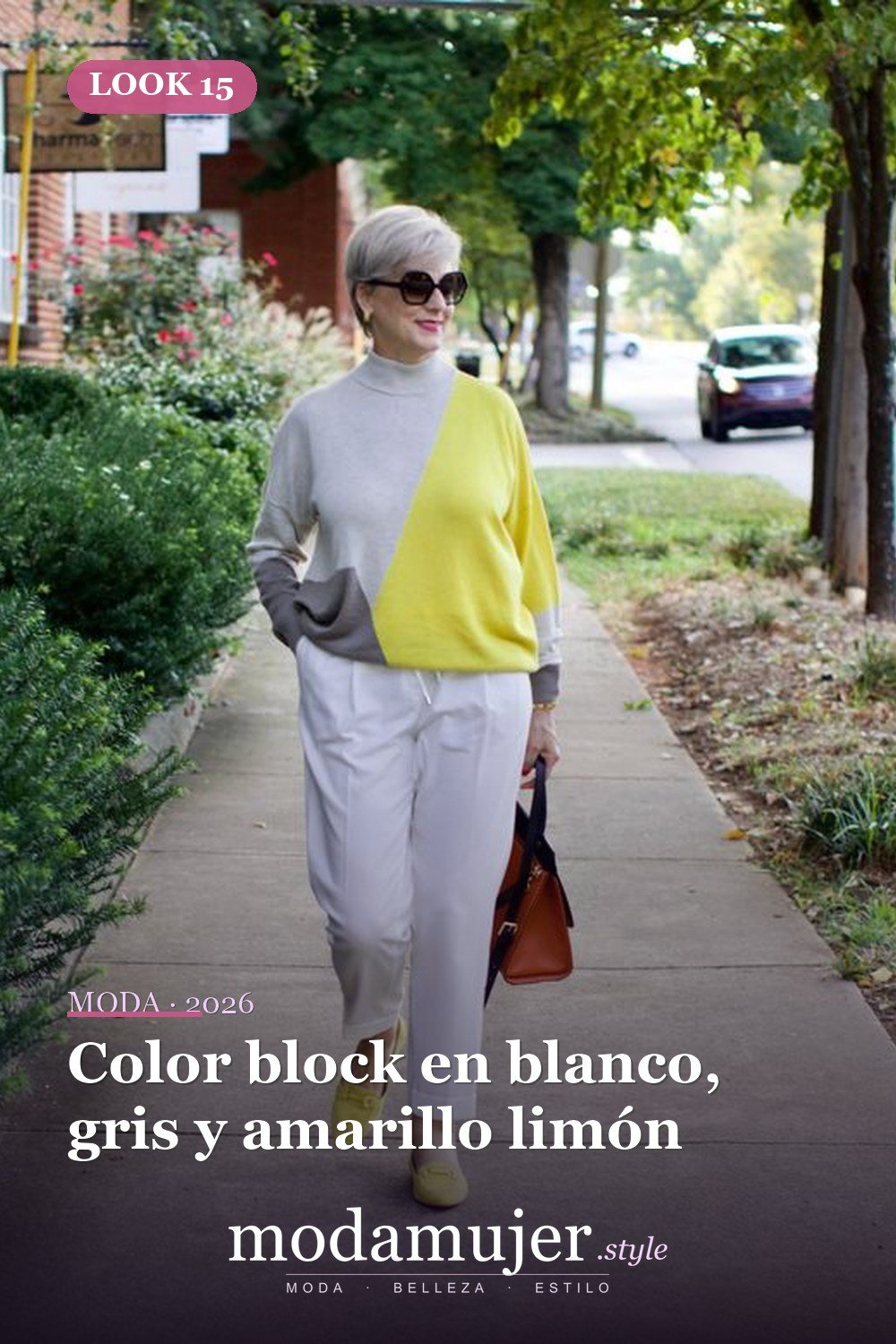 Color block en blanco, gris y amarillo limón — 20 ideas de ropa y accesorios para lucir más joven en 2026