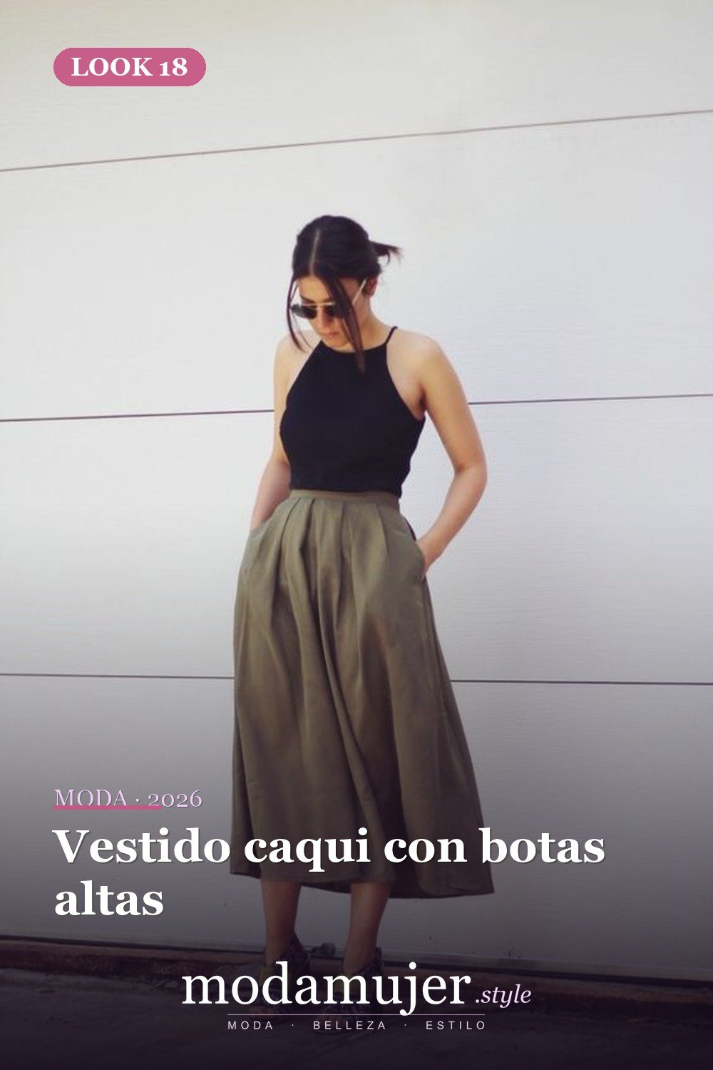 Vestido caqui con botas altas — 20 maneras bonitas de usar atuendo de color caqui