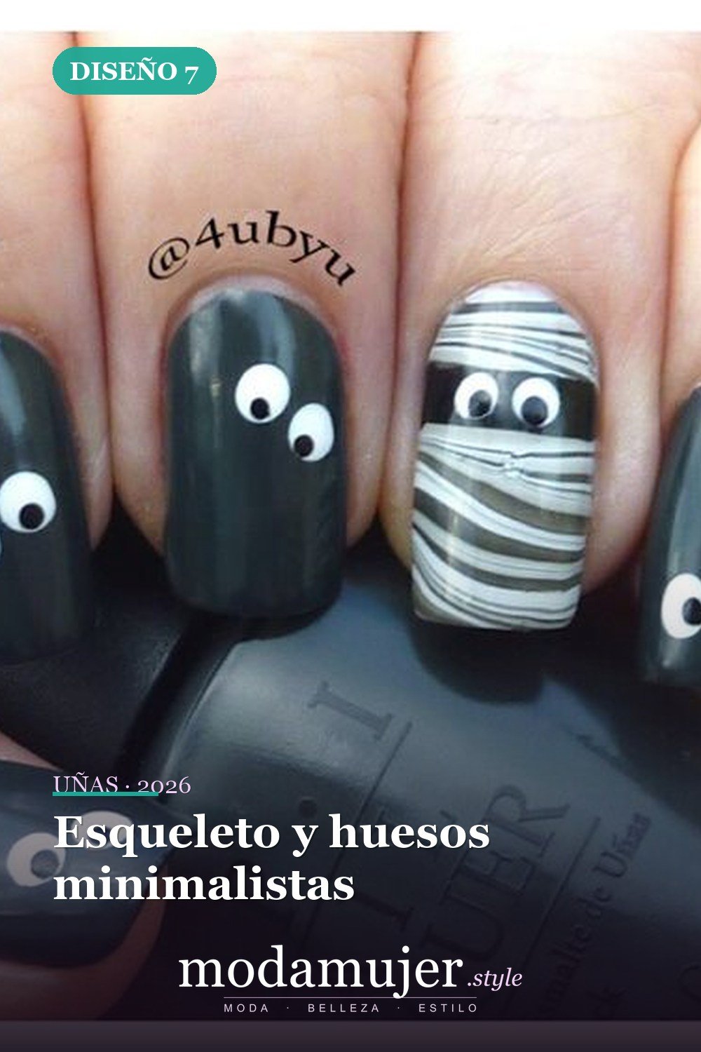 Esqueleto y huesos minimalistas — 20 tips de arte de uñas de Halloween fáciles y geniales