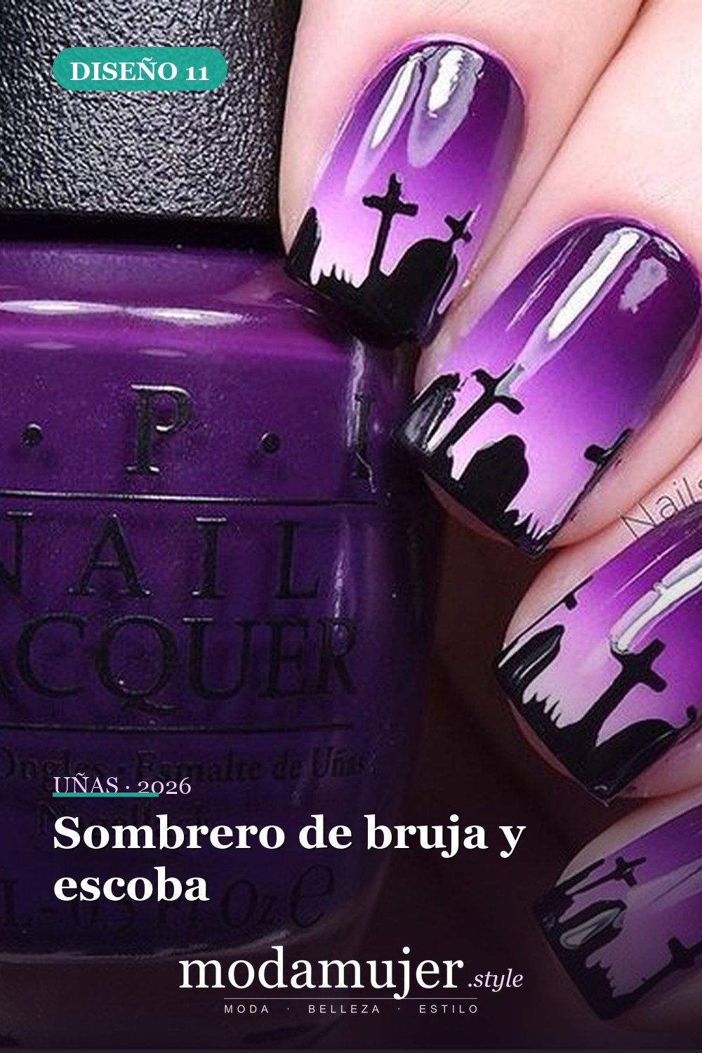 Sombrero de bruja y escoba — 20 tips de arte de uñas de Halloween fáciles y geniales