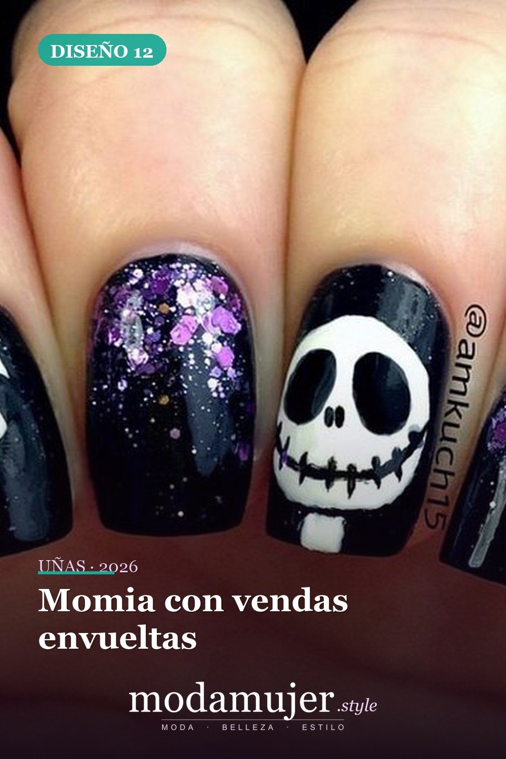 Momia con vendas envueltas — 20 tips de arte de uñas de Halloween fáciles y geniales